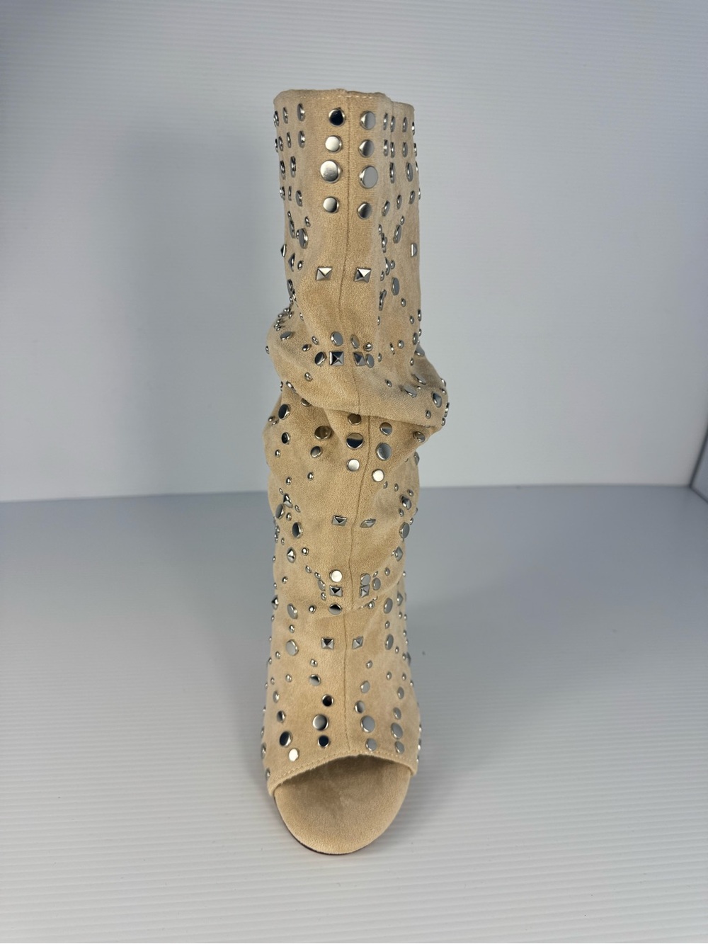 Azalea Wang Naomani Beige Studded Open-Toe Slouch Wedge Boot - Picture 3 of 5